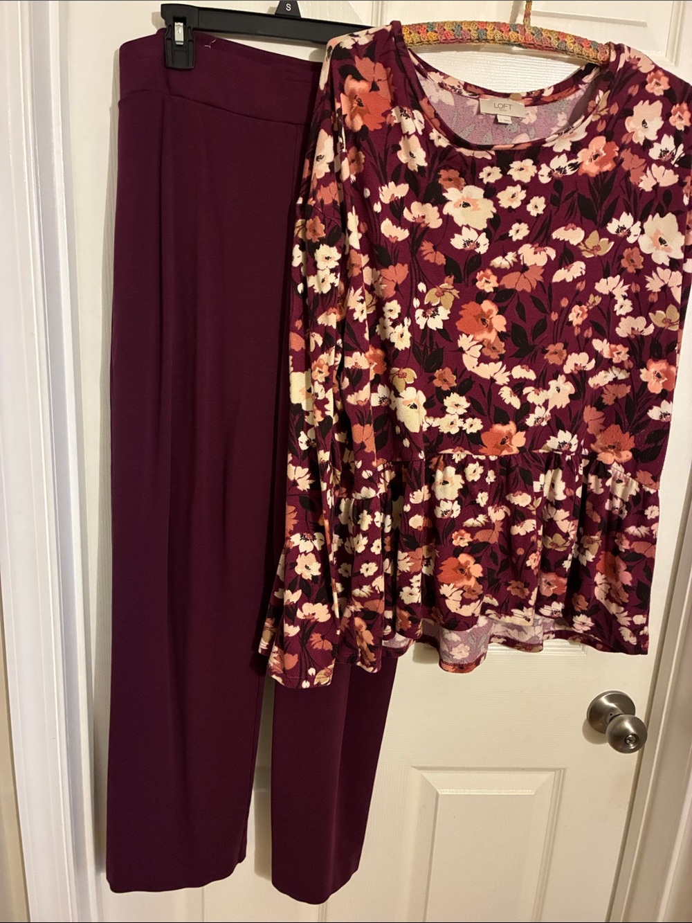 LOFT Plum Floral Peplum Top with Plum Wide-Leg Pants